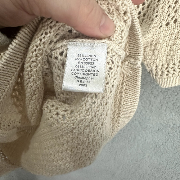 Christopher Banks Cardigan Sweater Women Medium Beige Open Knit Hand Embroidery - Picture 6 of 7